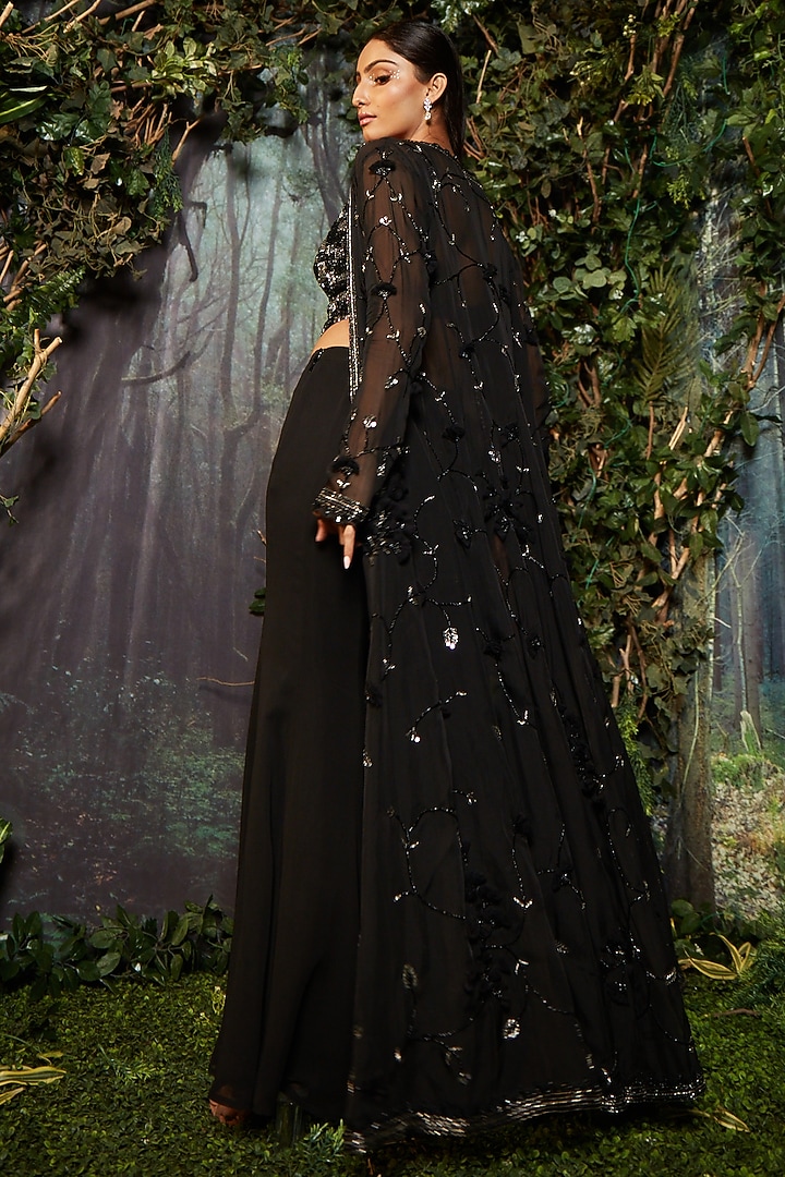 Black Georgette Net Embroidered Jacket Set by Kashmiraa at Pernia's Pop Up Shop