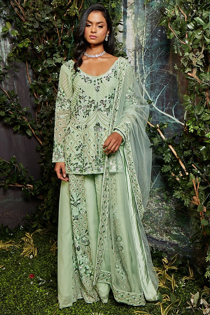 Green Georgette Organza Embroidered Sharara Set by Kashmiraa