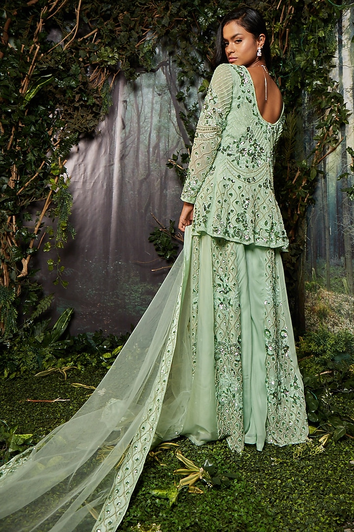 Green Georgette Organza Embroidered Bridal Sharara Set by Kashmiraa at Pernia's Pop Up Shop