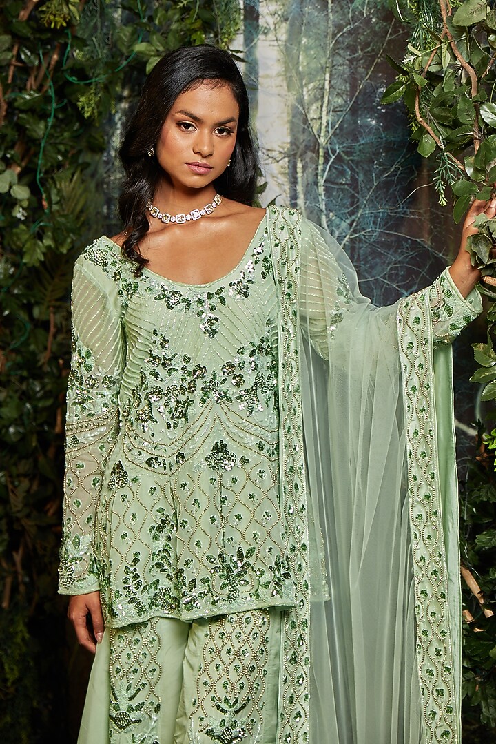 Green Georgette Organza Embroidered Bridal Sharara Set by Kashmiraa at Pernia's Pop Up Shop