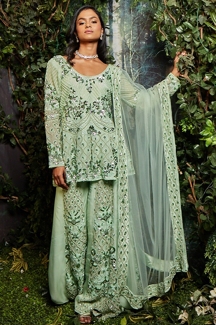 Green Georgette Organza Embroidered Bridal Sharara Set by Kashmiraa at Pernia's Pop Up Shop