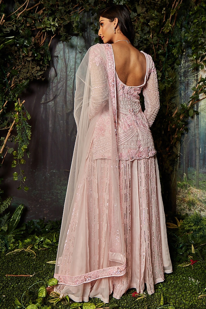 Pink Georgette Organza Embroidered Bridal Sharara Set by Kashmiraa at Pernia's Pop Up Shop