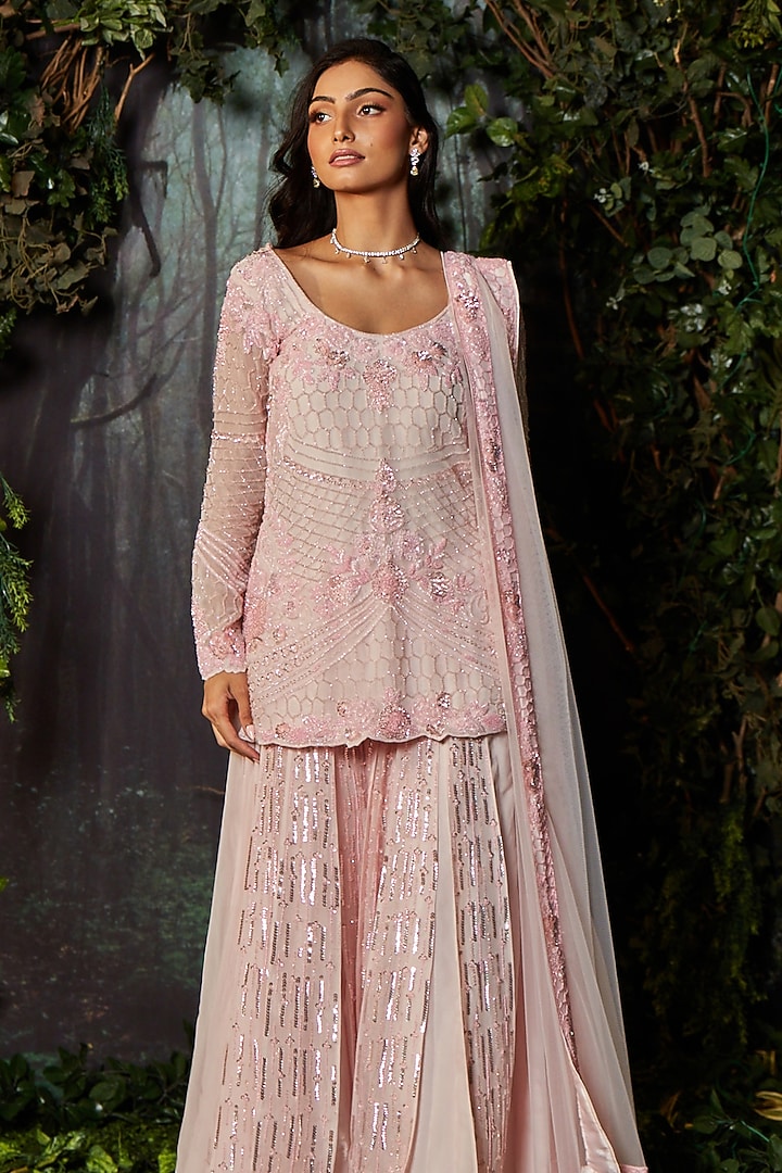 Pink Georgette Organza Embroidered Bridal Sharara Set by Kashmiraa at Pernia's Pop Up Shop