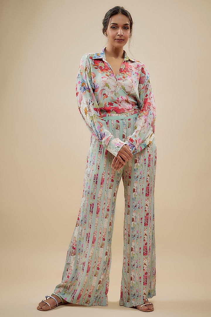 Blue Crepe Silk Floral Printed Pant Set by Kashmiraa at Pernia's Pop Up Shop
