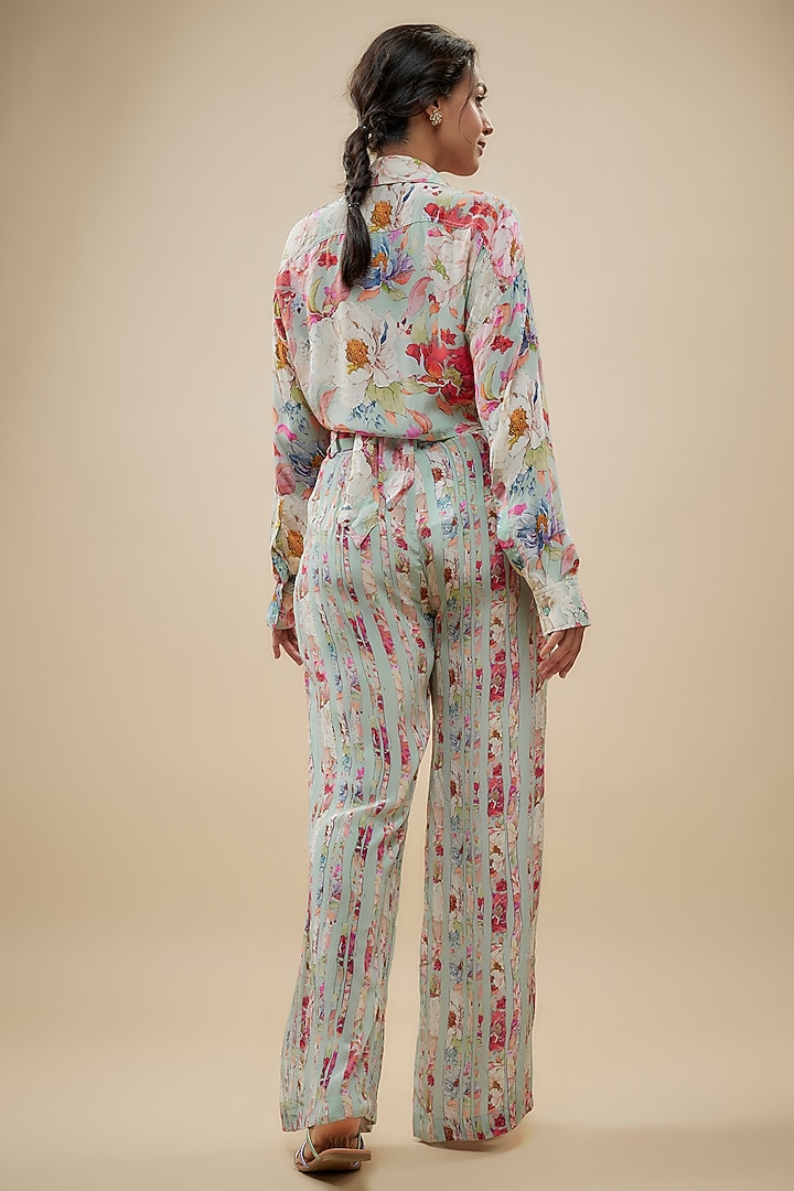 Blue Crepe Silk Floral Printed Pant Set by Kashmiraa at Pernia's Pop Up Shop