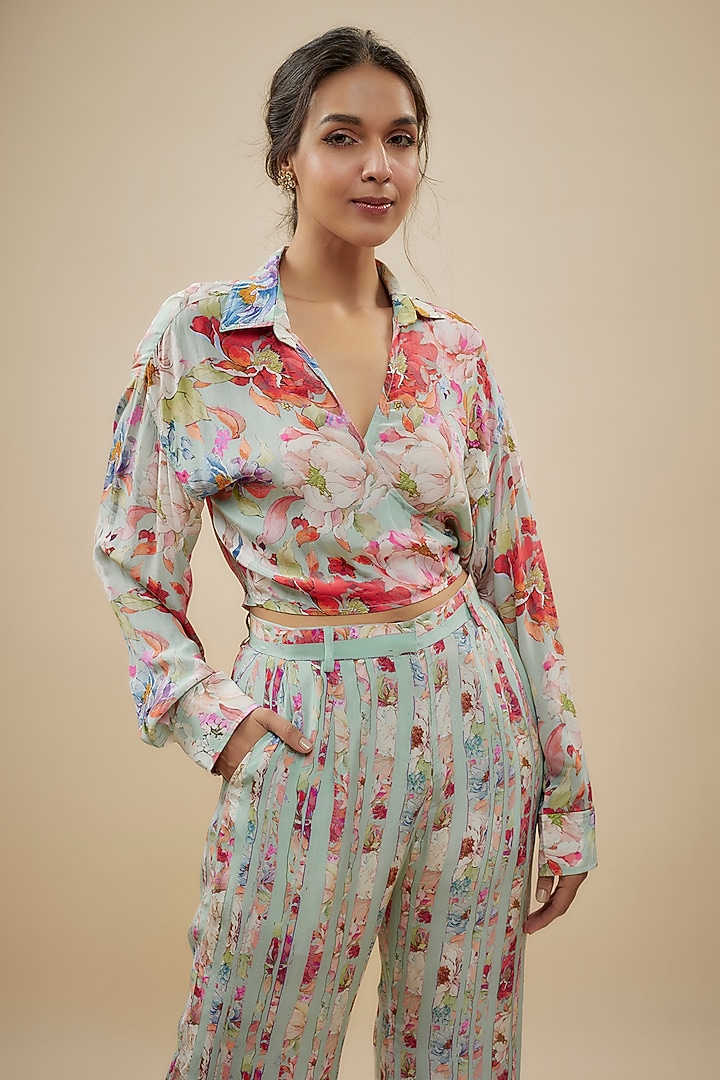 Blue Crepe Silk Floral Printed Pant Set by Kashmiraa at Pernia's Pop Up Shop