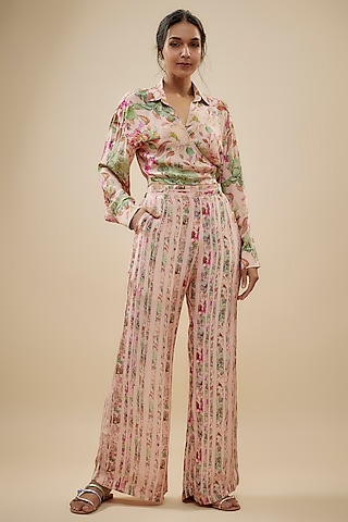 Pink Crepe Silk Floral Printed Pant Set by Kashmiraa