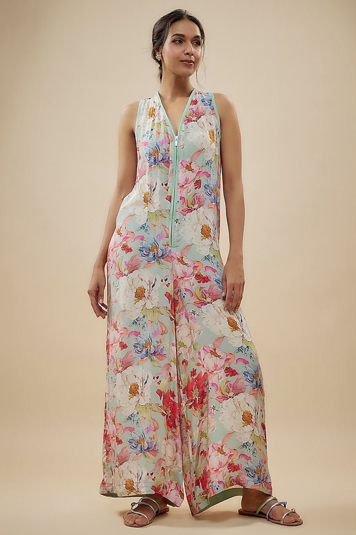 Blue Crepe Silk Floral Printed Jumpsuit by Kashmiraa at Pernia's Pop Up Shop