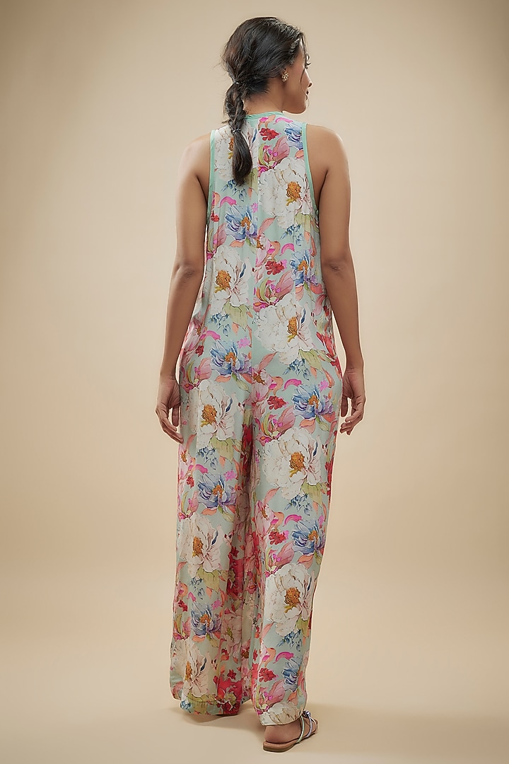 Blue Crepe Silk Floral Printed Jumpsuit by Kashmiraa at Pernia's Pop Up Shop