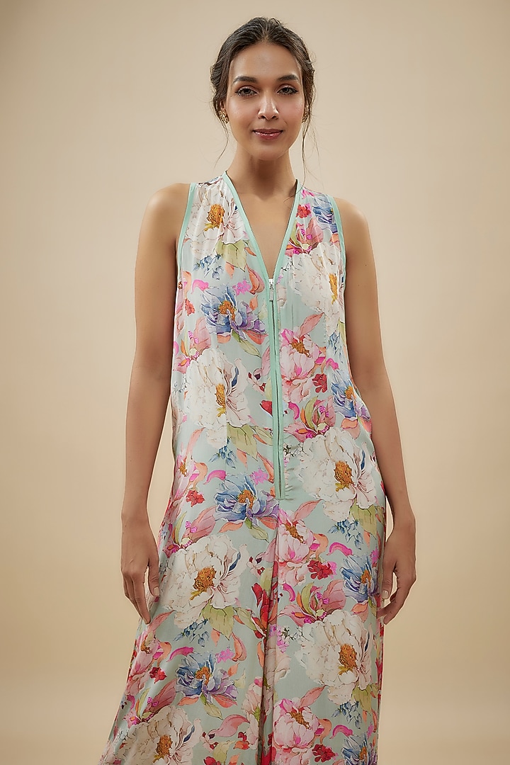 Blue Crepe Silk Floral Printed Jumpsuit by Kashmiraa at Pernia's Pop Up Shop