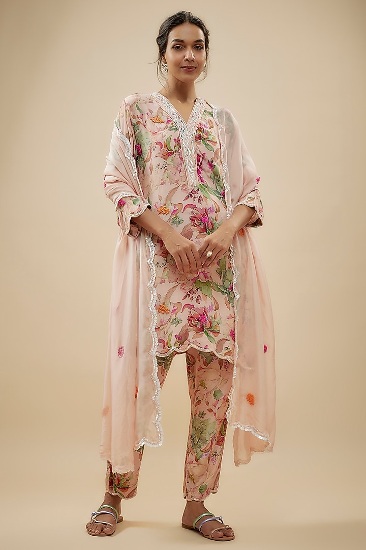 Ivory Crepe Silk Floral Printed & Cutdana Work Kurta Set by Kashmiraa at Pernia's Pop Up Shop