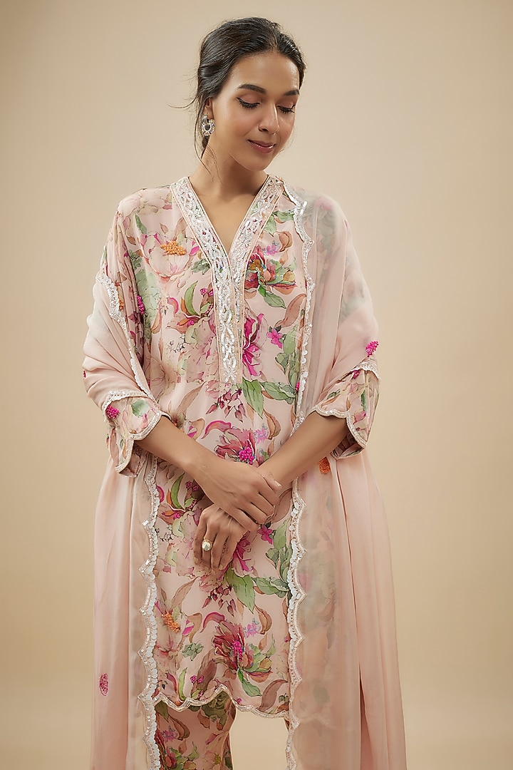 Ivory Crepe Silk Floral Printed & Cutdana Work Kurta Set by Kashmiraa at Pernia's Pop Up Shop