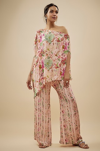 Pink Crepe Silk Floral Printed Pant Set by Kashmiraa