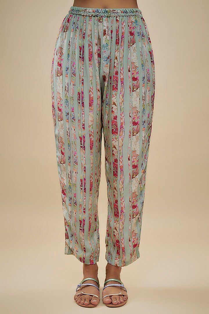 Blue Crepe Silk Floral Printed Pant Set by Kashmiraa at Pernia's Pop Up Shop