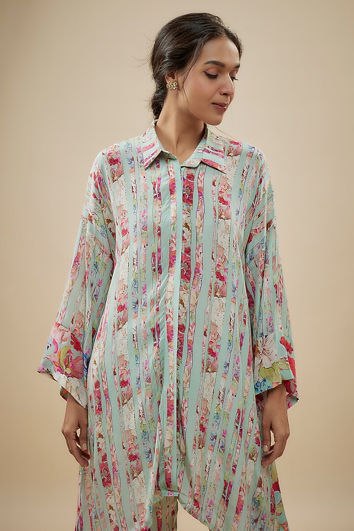 Blue Crepe Silk Floral Printed Pant Set by Kashmiraa at Pernia's Pop Up Shop