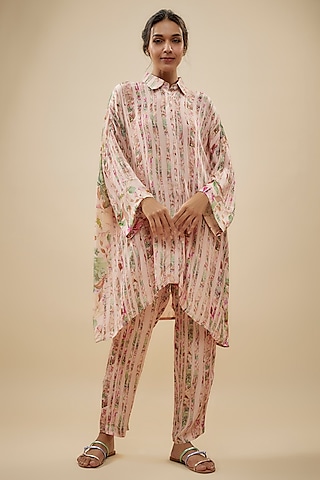 Ivory Crepe Silk Floral Printed Pant Set by Kashmiraa