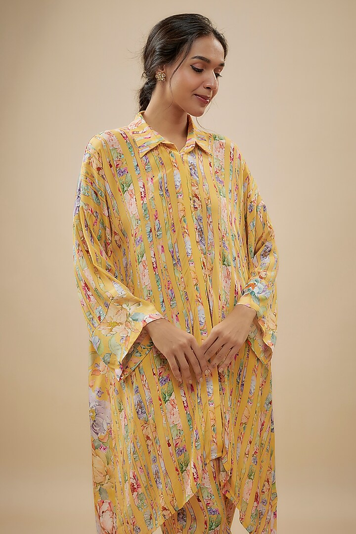 Yellow Crepe Silk Floral Printed Co-Ord Set by Kashmiraa at Pernia's Pop Up Shop