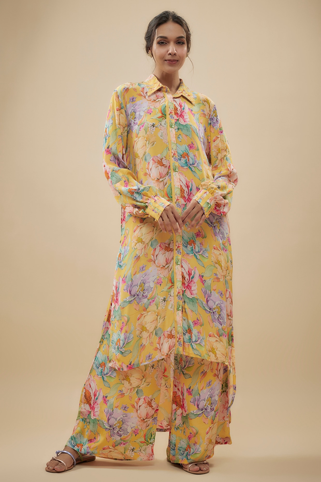 Yellow Crepe Silk Floral Printed Suit Set by Kashmiraa at Pernia s Pop Up Shop