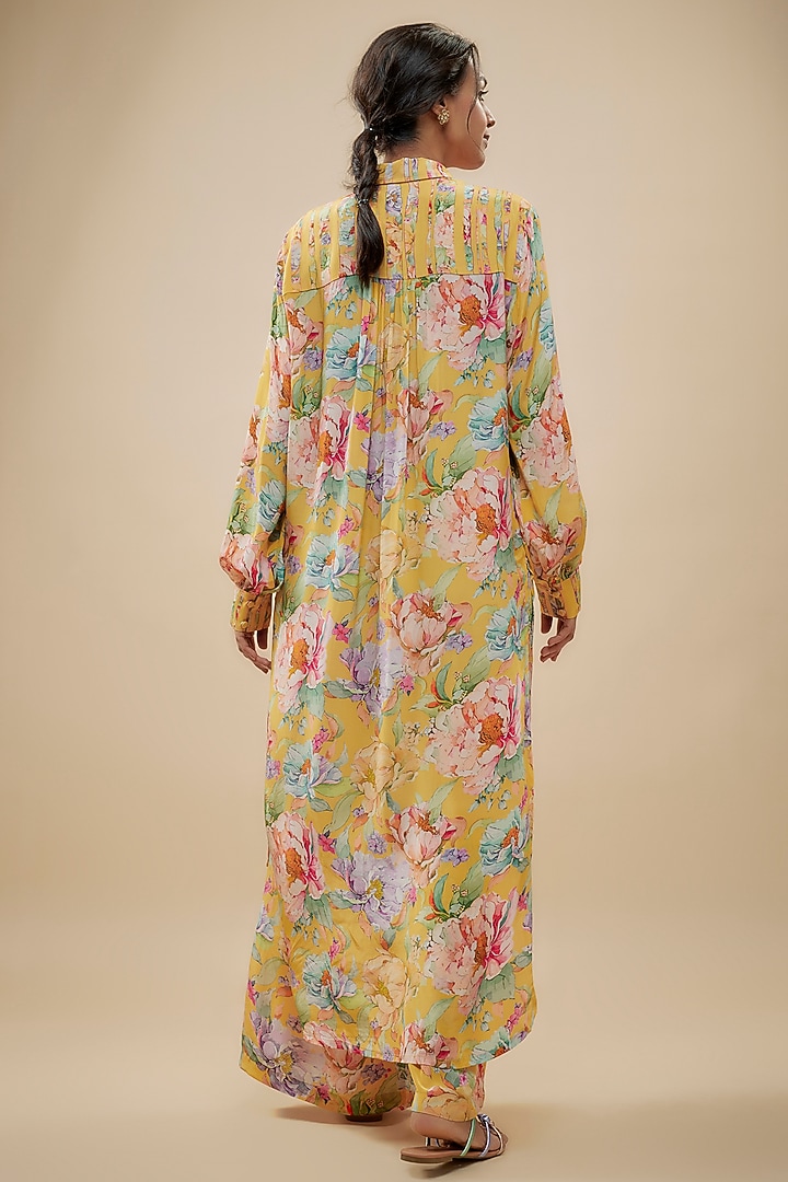 Yellow Crepe Silk Floral Printed Suit Set by Kashmiraa at Pernia's Pop Up Shop