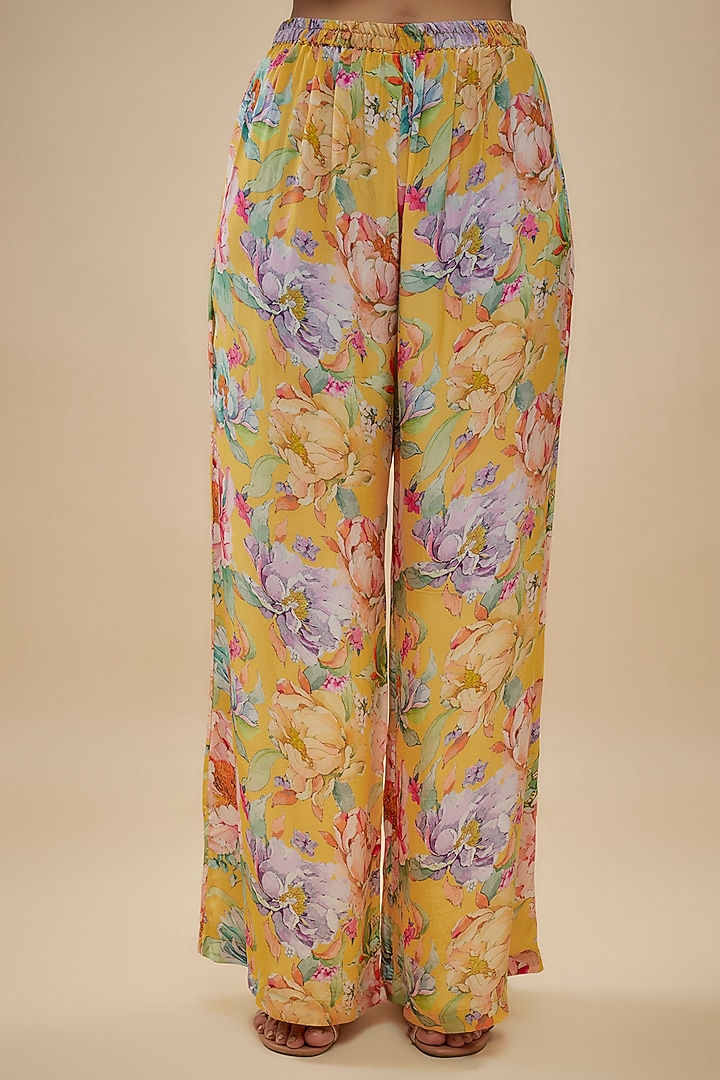 Yellow Crepe Silk Floral Printed Suit Set by Kashmiraa at Pernia's Pop Up Shop