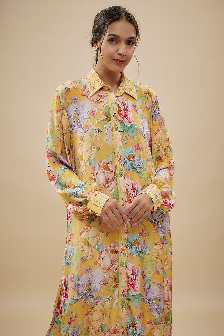 Yellow Crepe Silk Floral Printed Suit Set by Kashmiraa at Pernia's Pop Up Shop