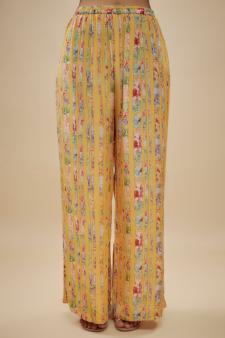 Yellow Crepe Silk Floral Printed & Cutdana Embellished Suit Set by Kashmiraa at Pernia's Pop Up Shop