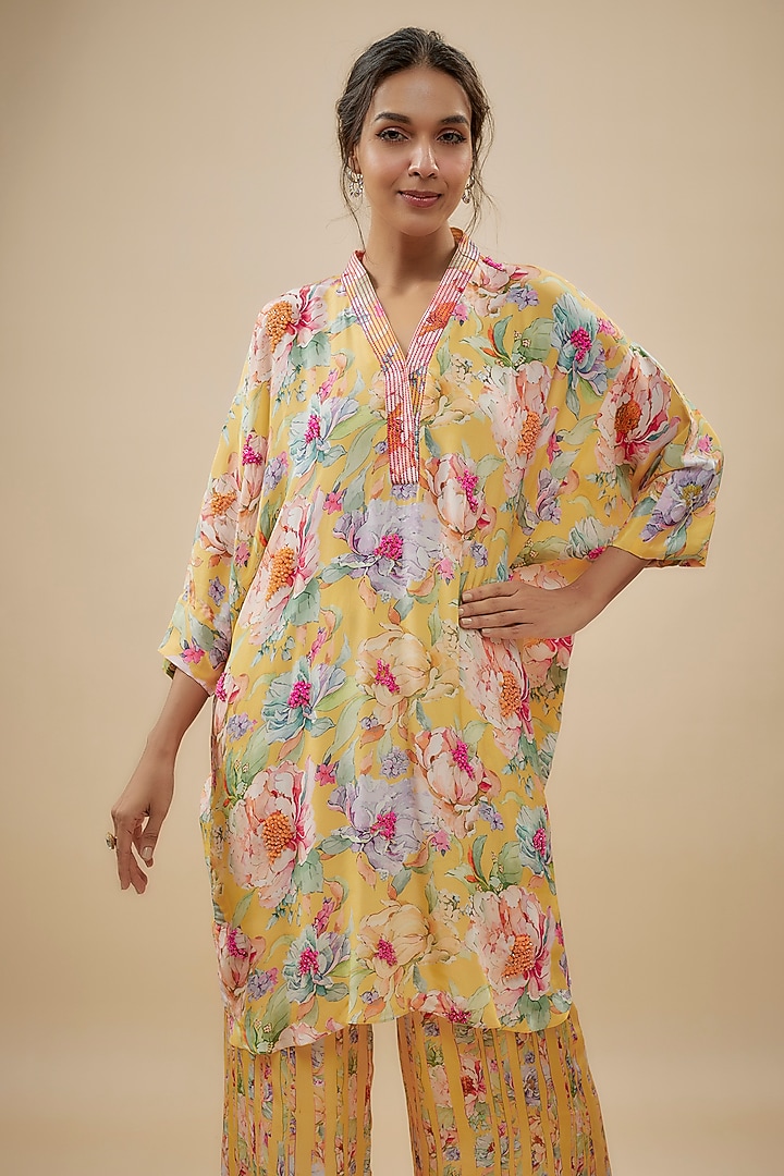 Yellow Crepe Silk Floral Printed & Cutdana Embellished Suit Set by Kashmiraa at Pernia's Pop Up Shop