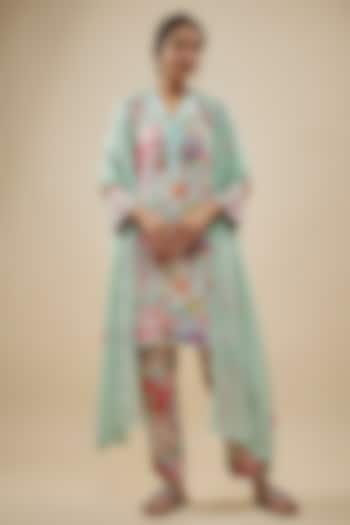 Blue Crepe Silk Floral Printed & Cutdana Embellished Kurta Set by Kashmiraa at Pernia's Pop Up Shop