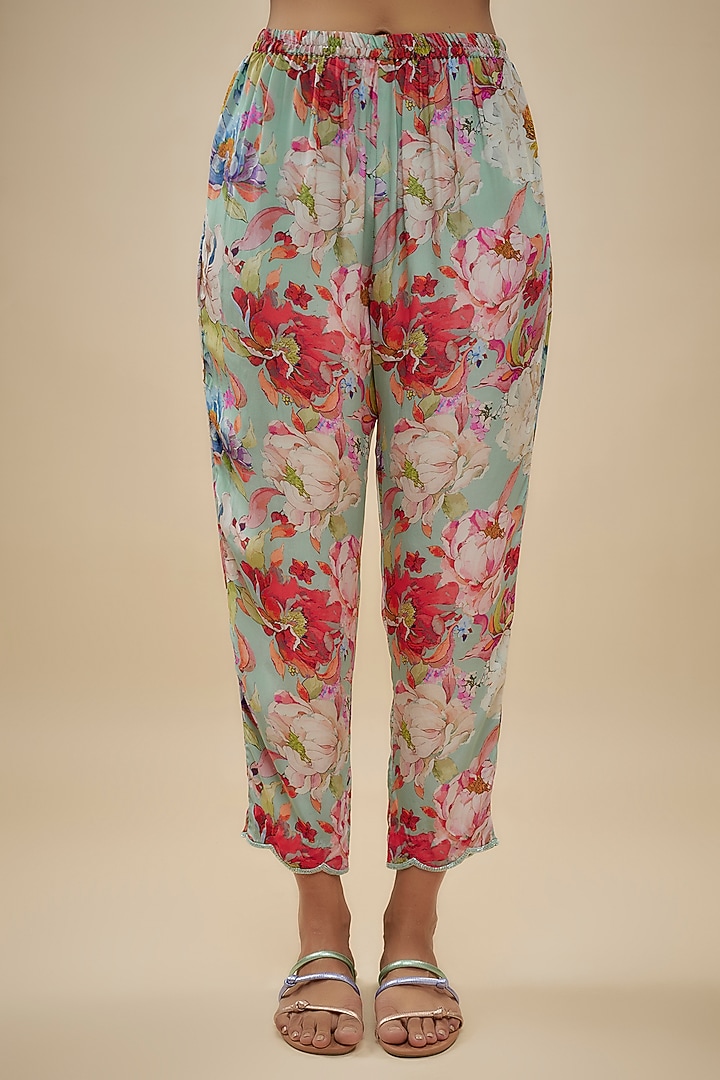 Blue Crepe Silk Floral Printed & Cutdana Embellished Kurta Set by Kashmiraa at Pernia's Pop Up Shop