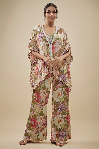 Green Crepe Floral Printed Pant Set by Kashmiraa