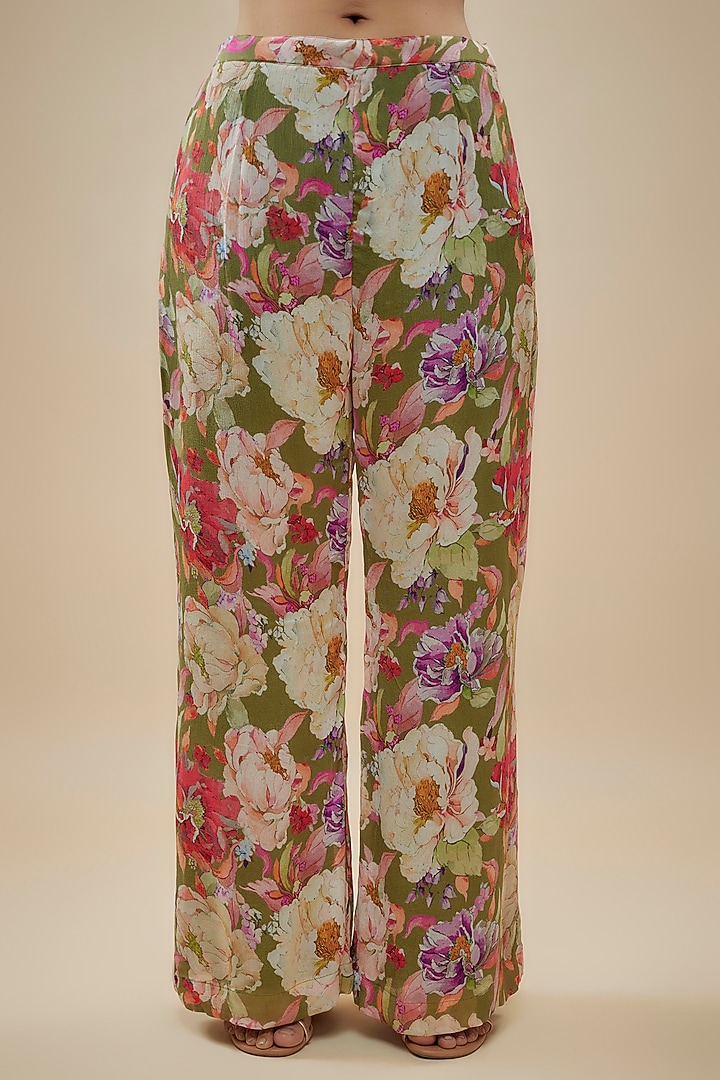Green Crepe Floral Printed Pant Set by Kashmiraa at Pernia's Pop Up Shop