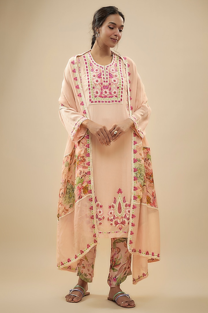 Ivory Crepe Silk Floral Printed & Poth Embellished Kurta Set by Kashmiraa at Pernia's Pop Up Shop