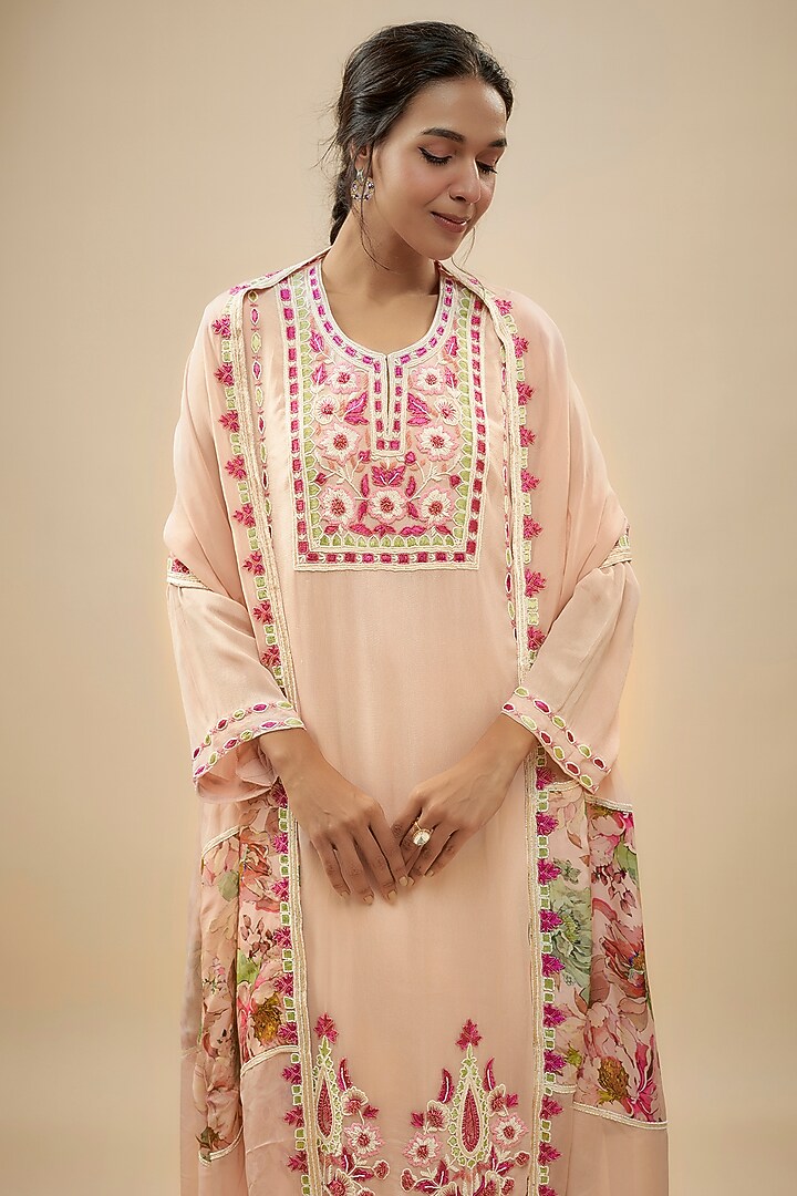Ivory Crepe Silk Floral Printed & Poth Embellished Kurta Set by Kashmiraa at Pernia's Pop Up Shop