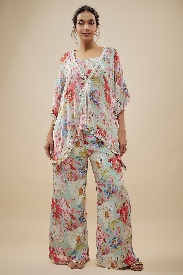 Blue Crepe Floral Printed Pant Set by Kashmiraa at Pernia's Pop Up Shop