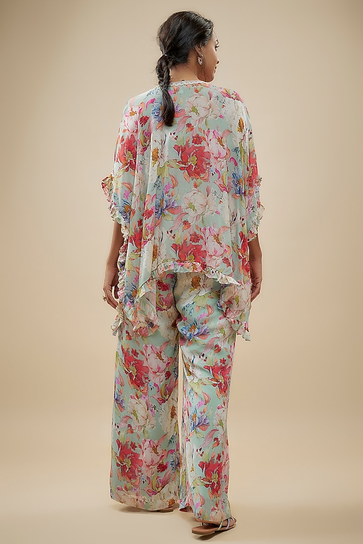 Blue Crepe Floral Printed Pant Set by Kashmiraa at Pernia's Pop Up Shop