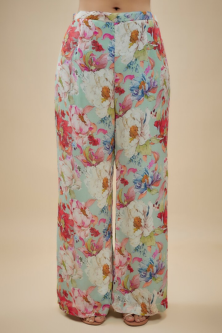 Blue Crepe Floral Printed Pant Set by Kashmiraa at Pernia's Pop Up Shop