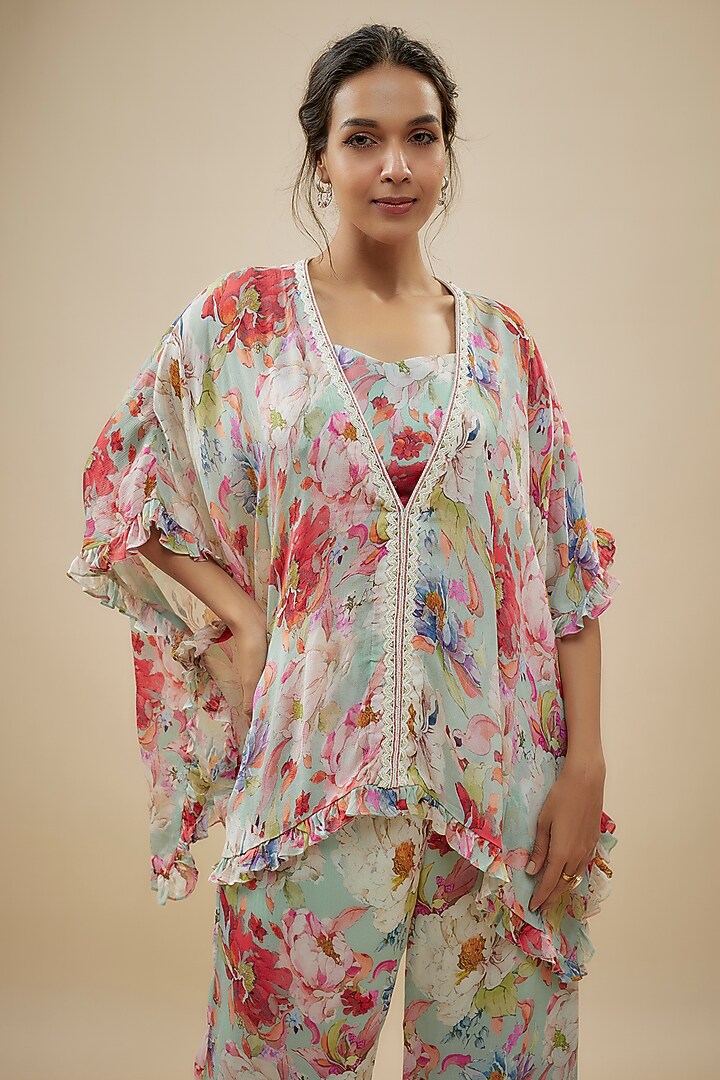 Blue Crepe Floral Printed Pant Set by Kashmiraa at Pernia's Pop Up Shop