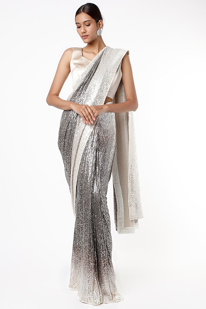 Grey Saree Set With Sequins by Kashmiraa