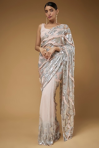 Pink Net Embroidered Saree Set by Kashmiraa