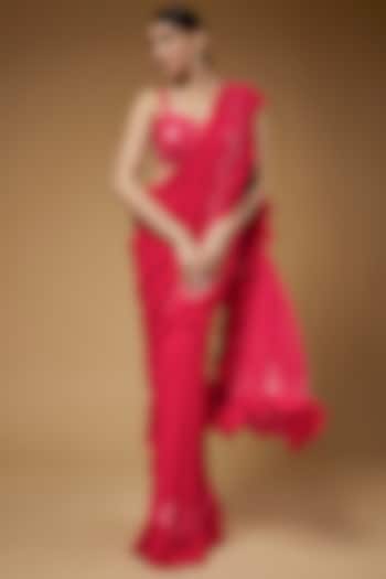 Pink Georgette Sequins Embroidered Frilled Wedding Saree Set by Kashmiraa at Pernia's Pop Up Shop