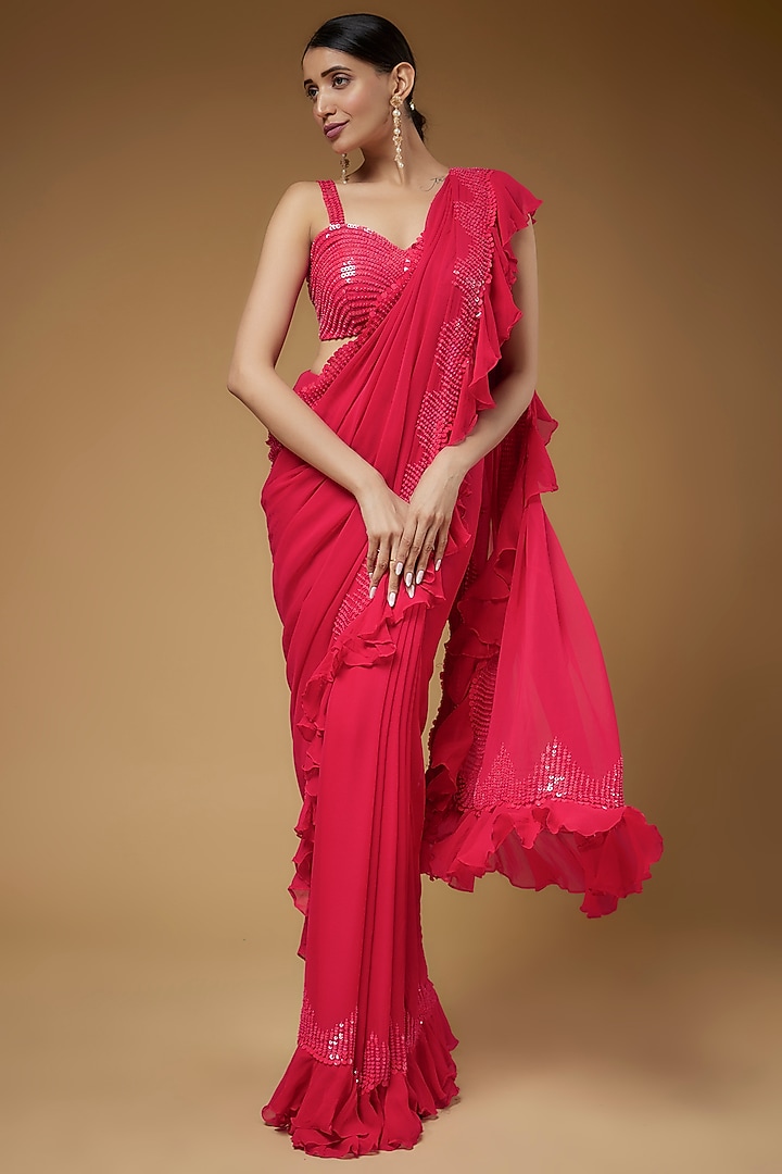 Pink Georgette Sequins Embroidered Frilled Wedding Saree Set by Kashmiraa at Pernia's Pop Up Shop