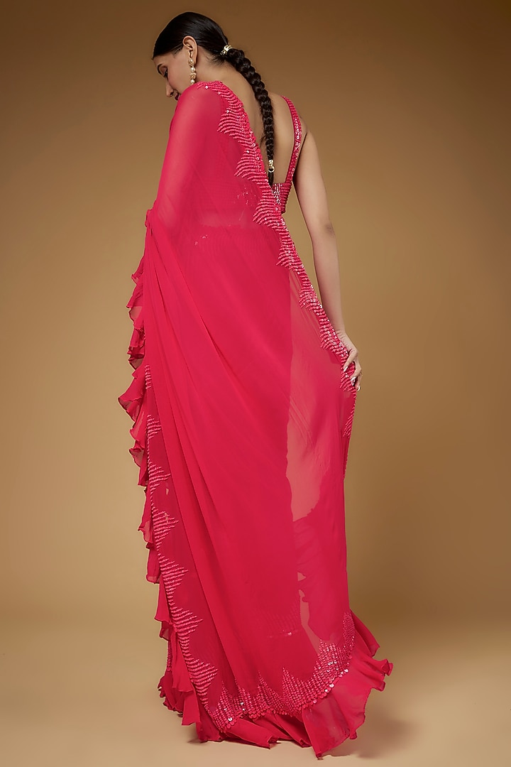 Pink Georgette Sequins Embroidered Frilled Wedding Saree Set by Kashmiraa at Pernia's Pop Up Shop