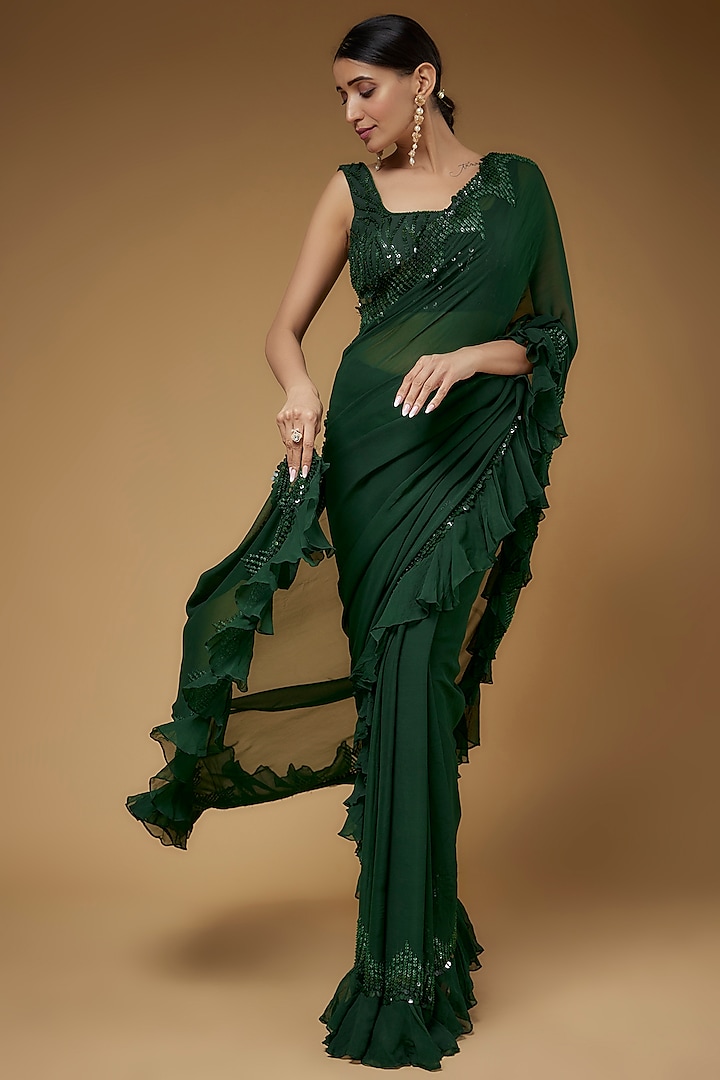 Green Georgette Embroidered Frilled Saree Set by Kashmiraa