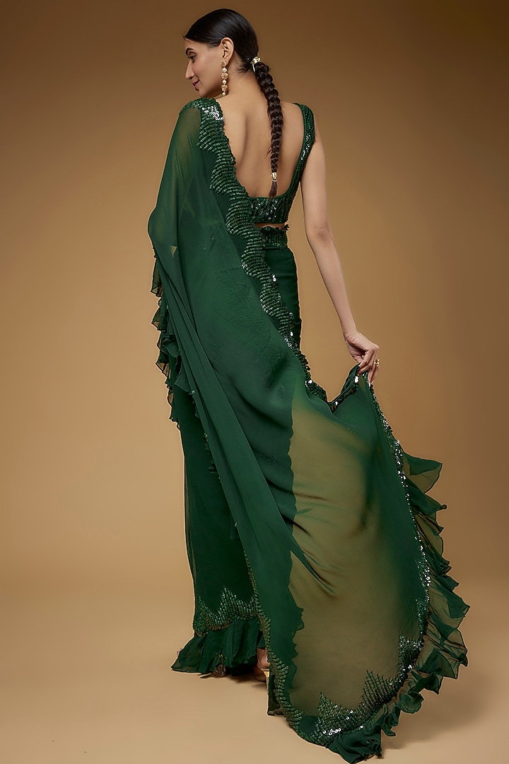 Green Georgette Embroidered Frilled Wedding Saree Set by Kashmiraa at Pernia's Pop Up Shop
