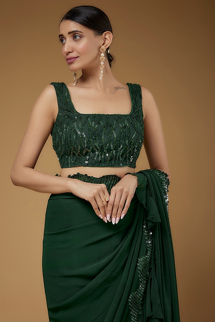 Green Georgette Embroidered Frilled Wedding Saree Set by Kashmiraa at Pernia's Pop Up Shop