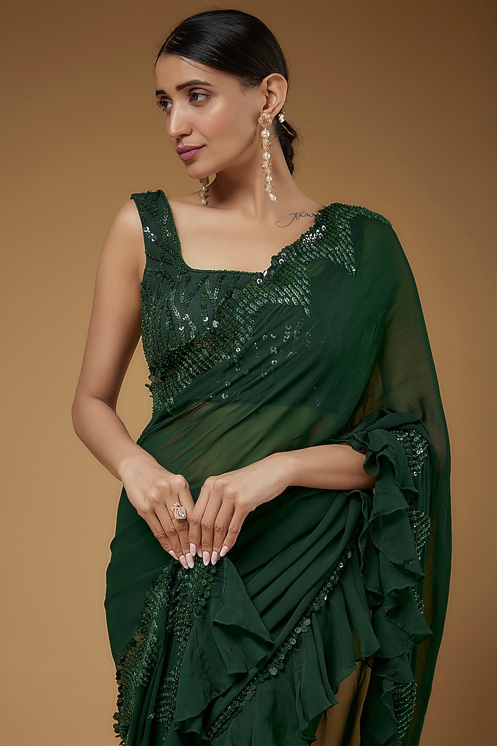 Green Georgette Embroidered Frilled Wedding Saree Set by Kashmiraa at Pernia's Pop Up Shop