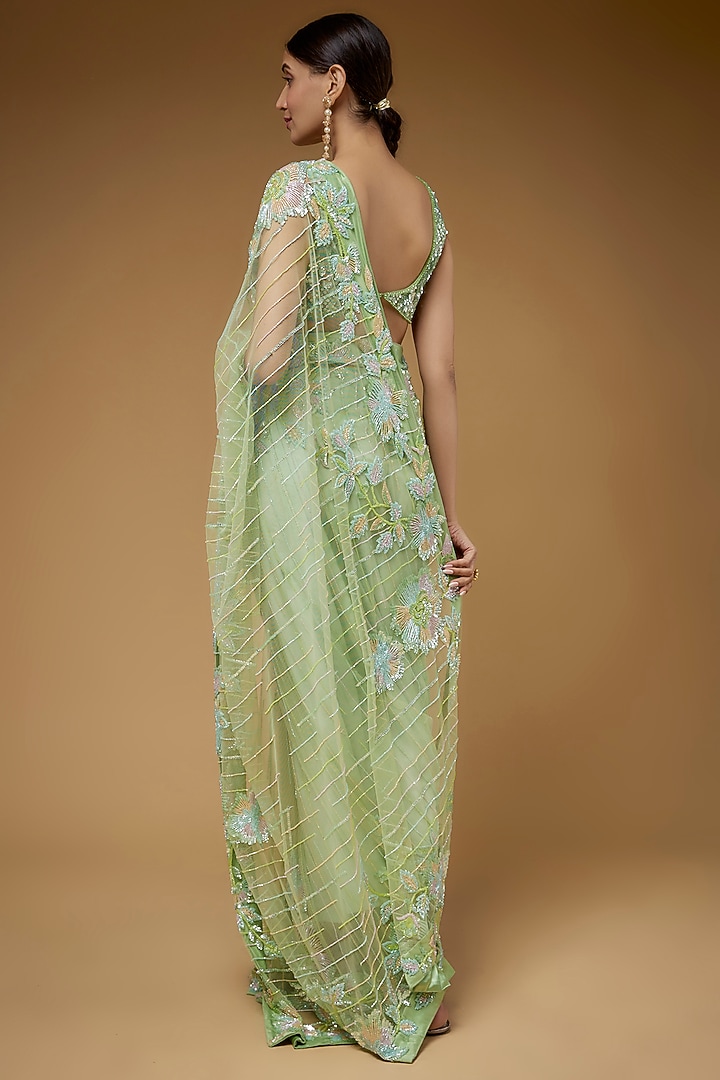 Green Net Embroidered Wedding Saree Set by Kashmiraa at Pernia's Pop Up Shop