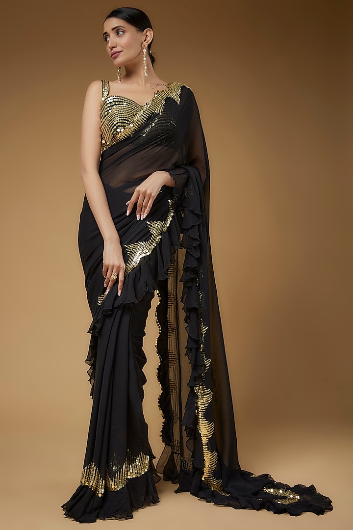 Black Georgette Embroidered Saree Set by Kashmiraa