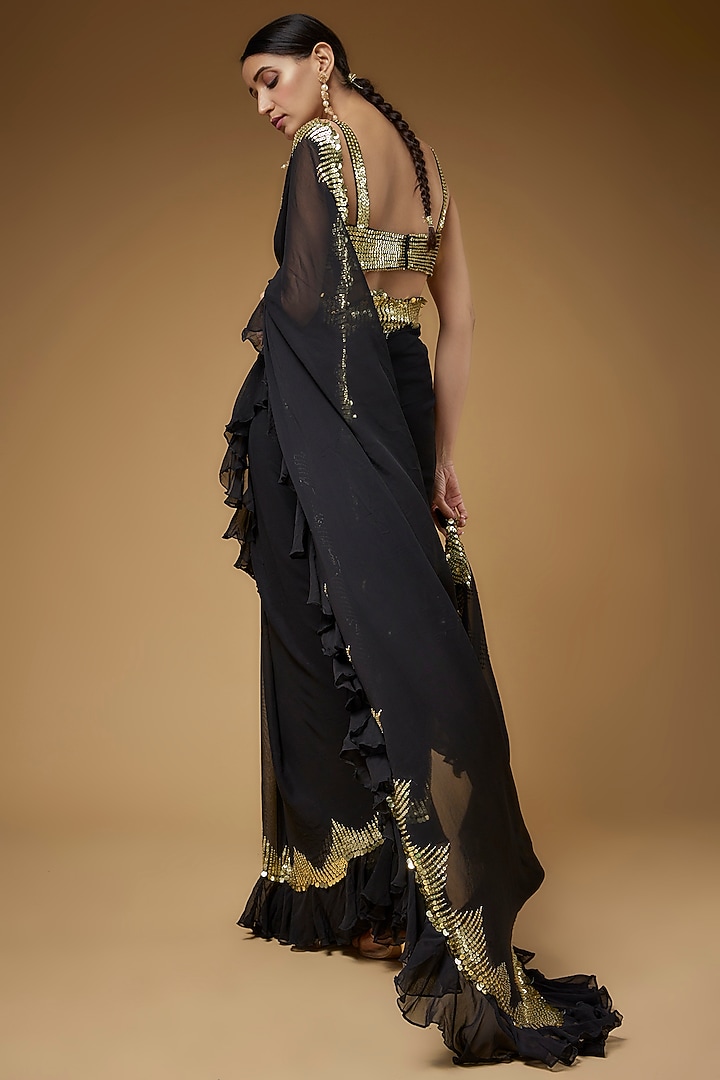 Black Georgette Embroidered Wedding Saree Set by Kashmiraa at Pernia's Pop Up Shop