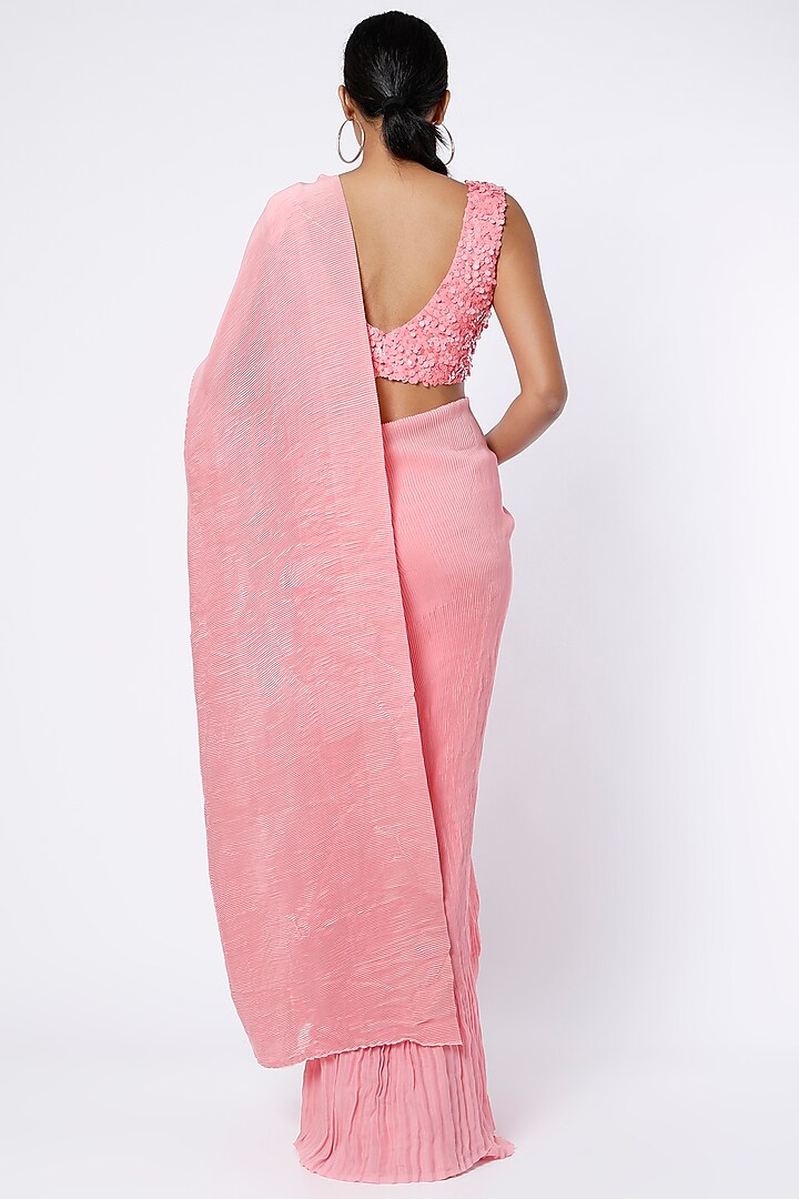 Rose Pink Satin Georgette Pleated Wedding Saree Set by Kashmiraa at Pernia's Pop Up Shop